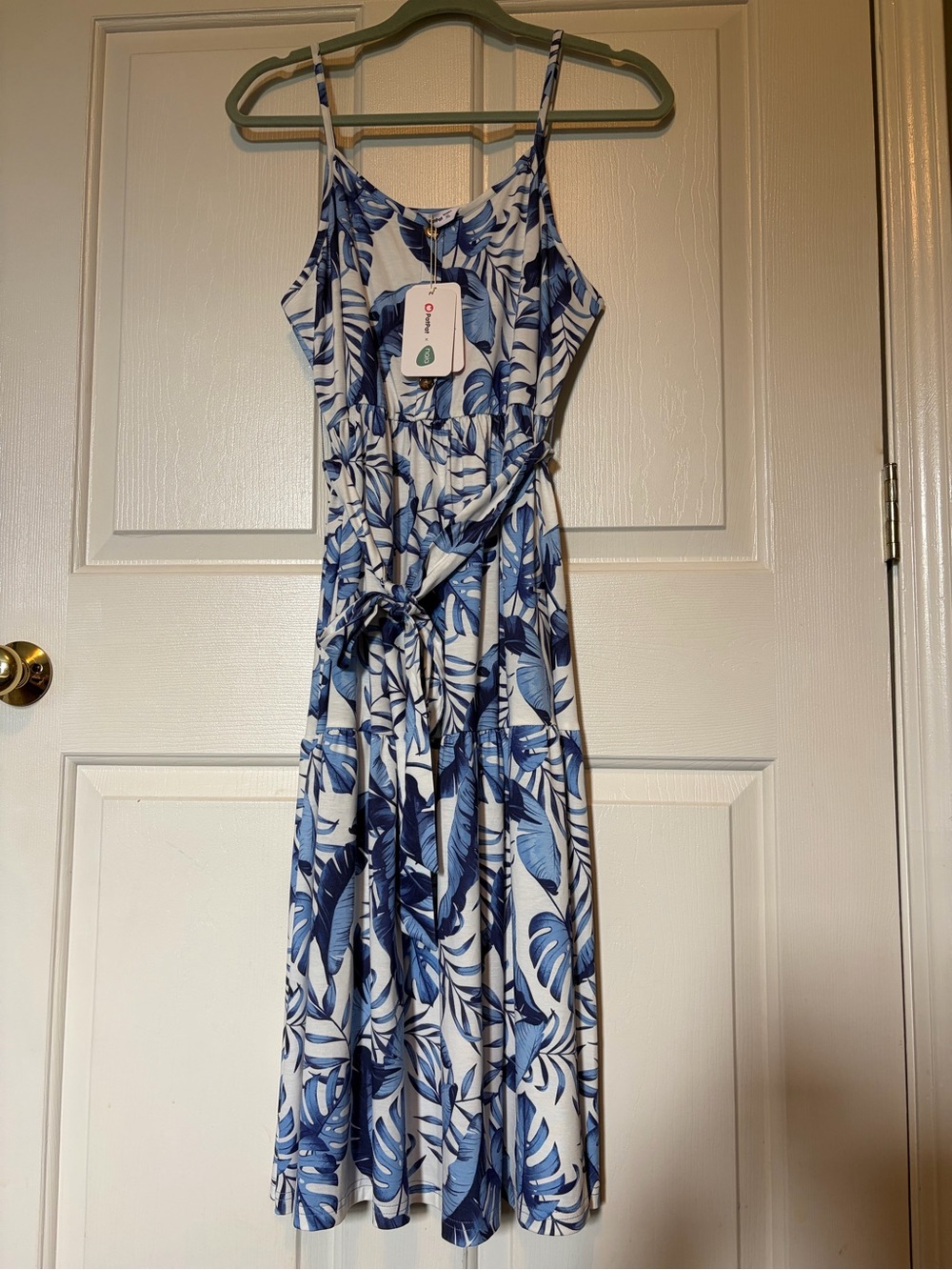 PatPat Maxi Dress Women’s XL Blue & White Tropical Spaghetti Strap Tie-Waist NWT